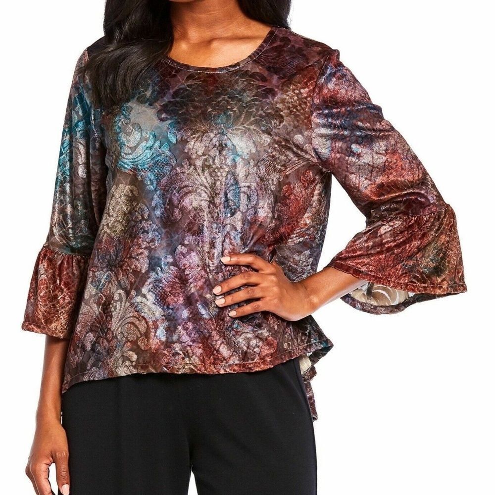 Bryn Walker Fran‎ Bell Sleeve Velvet Burnout Boxy Top In Moondance Sz XL